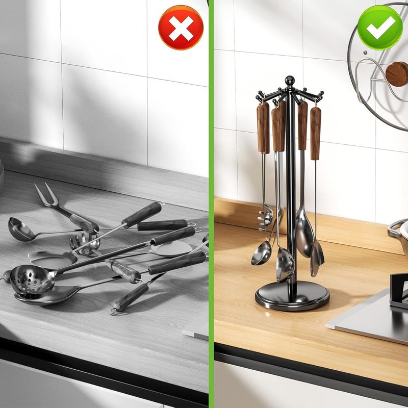 MAYZOLOP Kitchen Countertop Utensil Holder, Stainless Steel Rotatable Cooking Utensils Holder with 8 Rotating Hooks, Hanging Organizer for Spoon, Spatula, Black - Image 4